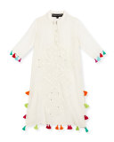 Long Embroidered Silk Tassel-Trim Dress, White, Size 8-12