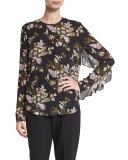 Cooper Long-Sleeve Floral Silk Top, Black