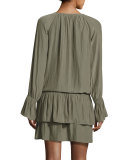 Olivia Bell-Sleeve Blouson Mini Dress, Sage