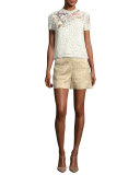 Hummingbird-Embroidered Lace Top, Ivory (Panna)
