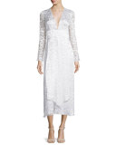 Long-Sleeve Plunging-Neck Midi Dress, Soft White