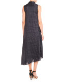 Pinstriped Sleeveless Gathered-Waist Midi Dress, Navy