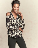 Painterly-Print Cold-Shoulder Blouse