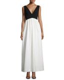 Sleeveless V-Neck Combo Crepe Gown 