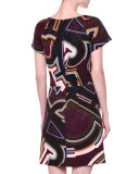 Short-Sleeve Round-Neck Shift Dress, Plum/Multi