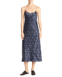 Calico Floral Silk Satin Midi-Length Slip Dress, Navy