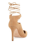 Leila Suede Lace-Up Pump, Almond