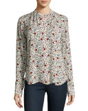 Rey Long-Sleeve Floral Silk Top, White/Multicolor