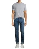 Cuffed Denim Slim-Straight Jeans with Multicolor Stitching, Blue