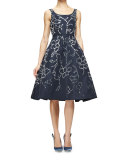 Sleeveless Floral-Embellished Dress, Navy/Silver