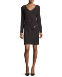 Long-Sleeve V-Neck Ponte Zipper Sheath Dress 