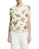 Metallic-Floral Short-Sleeve Sweater, Ivory