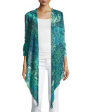 3/4-Sleeve Mosaic-Print Tie-Front Cardigan, Turquoise