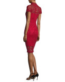 Short-Sleeve Lace Illusion Cocktail Dress, Deep Red