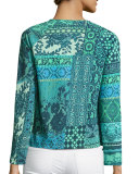 3/4-Sleeve Mosaic-Print Tie-Front Cardigan, Turquoise
