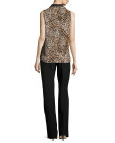 Leopard-Print Sleeveless Silk Blouse, Almond Cream