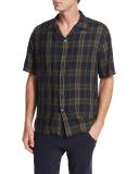Plaid Short-Sleeve Cabana Shirt, Blue/Green