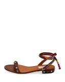 Rockstud Rolling Embroidered Flat Sandal, Light Brown