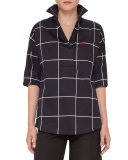 Windowpane 3/4-Sleeve Tunic, Black/Cream