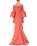 Off-the-Shoulder Bell-Sleeve Mermaid Gown, Pink
