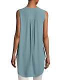 Sleeveless Silk Crepe Boyfriend Top, Blue Steel