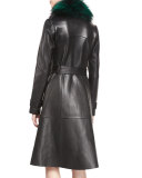 Valinda Leather Trench Coat w/Fur Collar, Black
