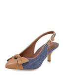Gaga Cap-Toe Bow Slingback Pump, Camel/Denim