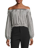 Gingham Off-the-Shoulder Pintuck Top, Black/White