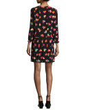 Split-Neck Heart-Print Crepe Shift Dress, Black