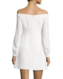 Long-Sleeve Off-the-Shoulder Crepe Dress, Ivory