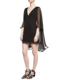 Silk Chiffon V-Neck Cape Dress, Black