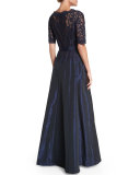 Half-Sleeve Lace-Bodice Taffeta Gown 