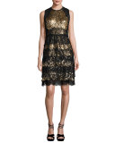 Sleeveless Tiered Lace & Sequin Cocktail Dress, Gold