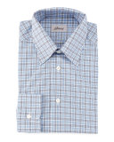 Button-Front Check Dress Shirt, White/Navy