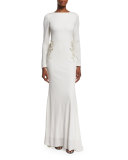 Draped-Back Embellished Gown, Ivory