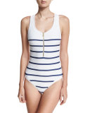 Classics Zip-Front One-Piece Swimsuit, White/Blue Stripe