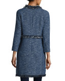 Zarafilla Tweed Zip-Front Coat with Fringe Trim, Blue