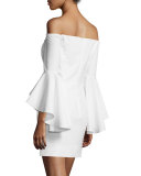 Selena Short Italian Cady Dress W/Cascades Sleeves, White 