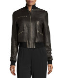 Jordyn Pebbled Leather Zip-Front Jacket, Black