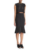 Eyelet Peplum Pencil Skirt, Black