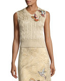 Cable-Knit Sweater Vest w/ Hummingbird Embroidery, Oro