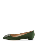 Hangisi Crystal-Buckle Satin Flat, Army Green