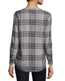 Dane Long-Sleeve Plaid Top, Soft Gray/Caviar