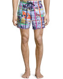 Moorea Animal-Print Swim Trunks, Blue