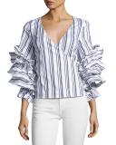 Athena Striped Ruffle-Sleeve Wrap Blouse