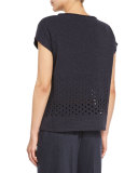 Short-Sleeve Metallic Eyelet Sweater, Ink Metallic