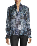 Brielle Metallic Tie-Neck Blouse, Polar Nightshade