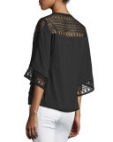 Flutter-Sleeve Crochet-Inset Top, Black