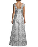 Cap-Sleeve Floral Metallic Ball Gown, Silver