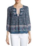 Perialla Floral-Print Silk Peasant Blouse, Blue